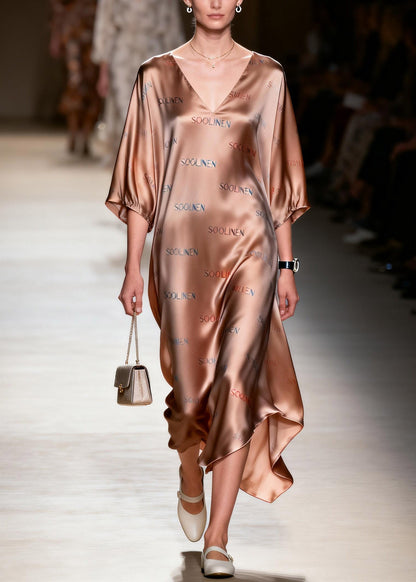 Fitted V Neck Silk Long Dress Lanter Sleeve