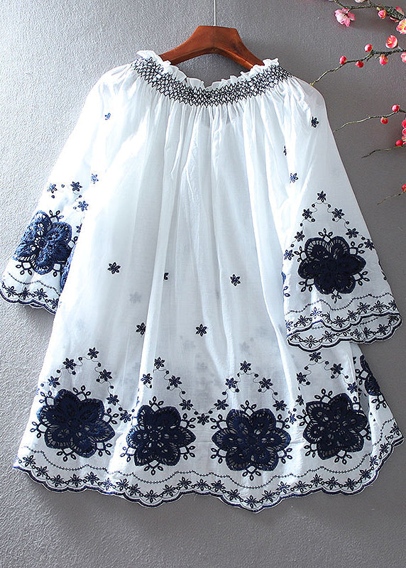 Fitted White Embroidered Cotton a Line Tops Summer