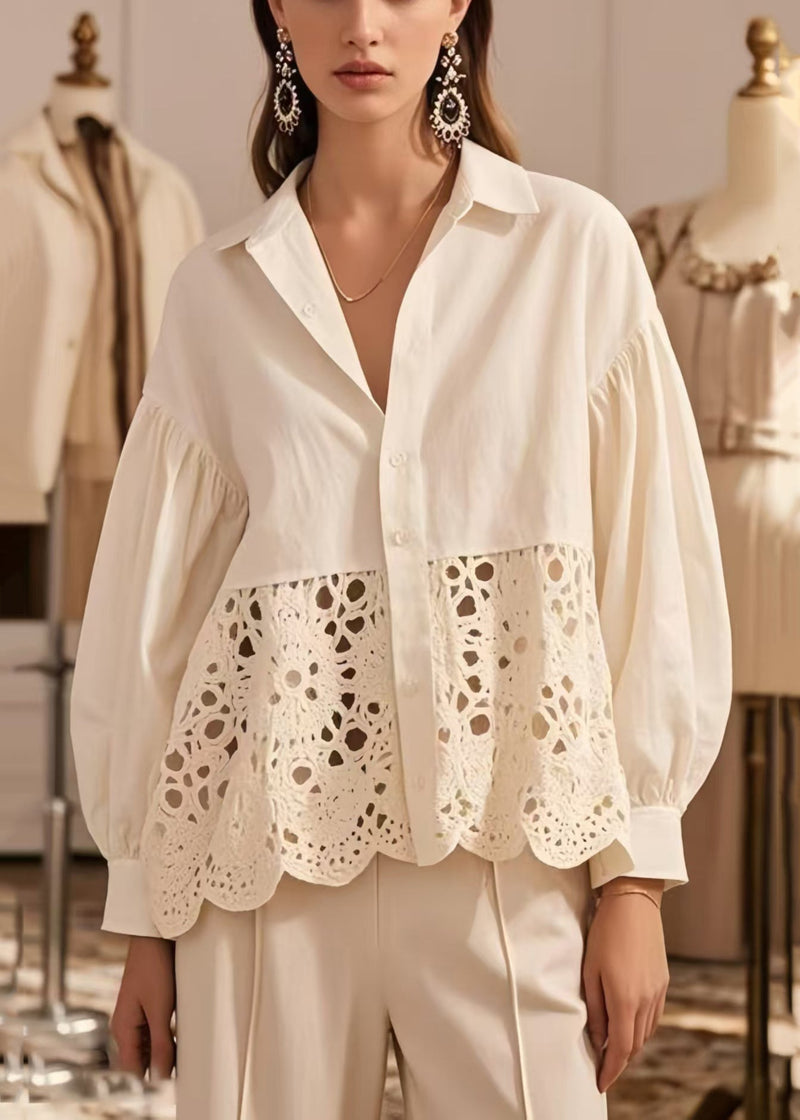 Fitted White Hollow Out Patchwork Cotton Shirts Spring