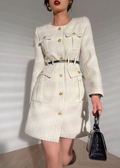 Fitted White O-neck Button Pockets Woolen Coats Long Sleeve