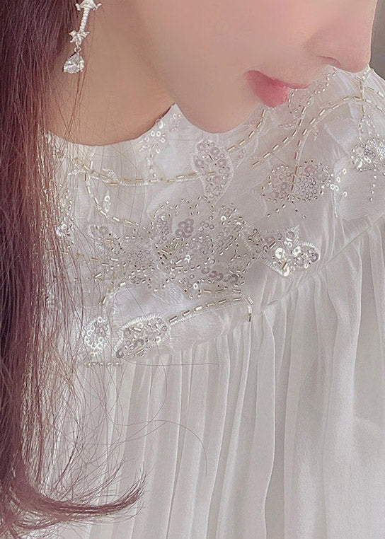 Fitted White O-neck Embroideried Sequined Silk Maxi Dress Long Sleeve
