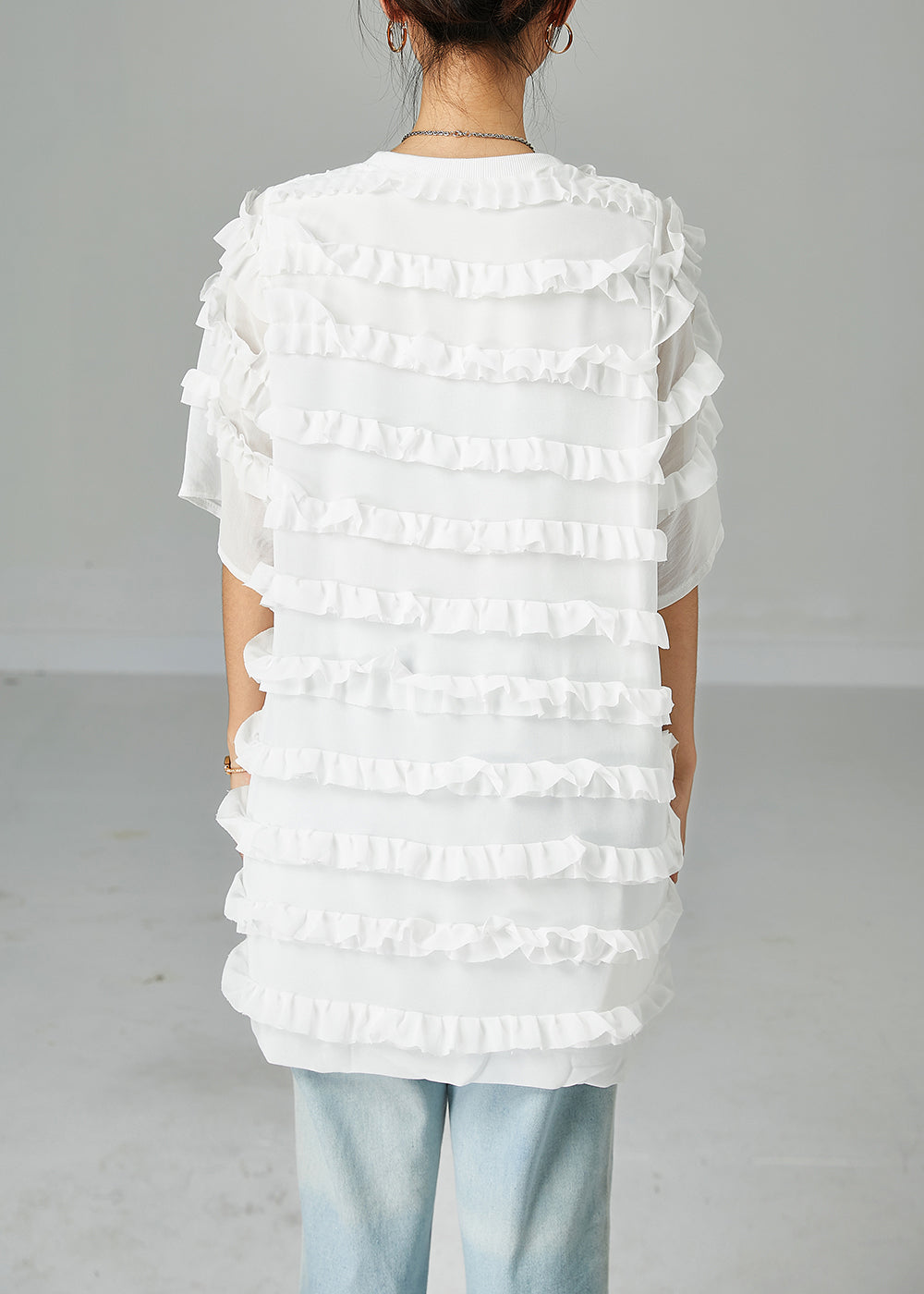 Fitted White O-neck Patchwork Ruffled Chiffon Dress Summer