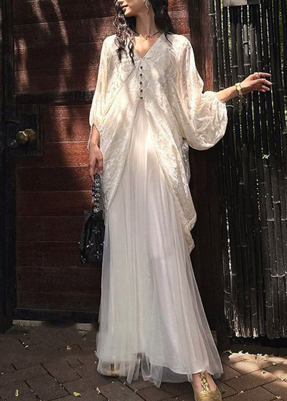 Fitted White V Neck Patchwork Long Dress Lantern Sleeve