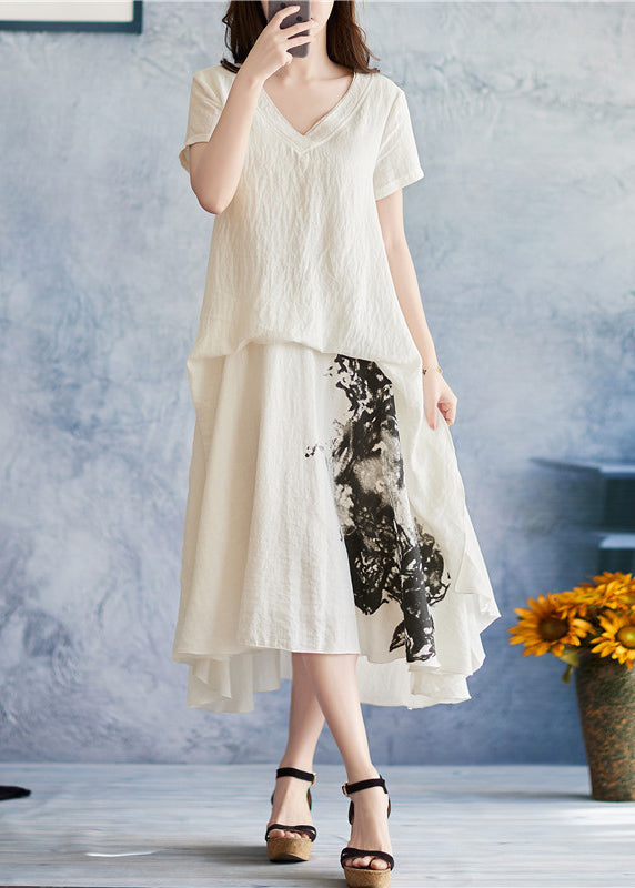 Fitted White Asymmetrical Design V Neck Print Holiday Dress Short Sleeve