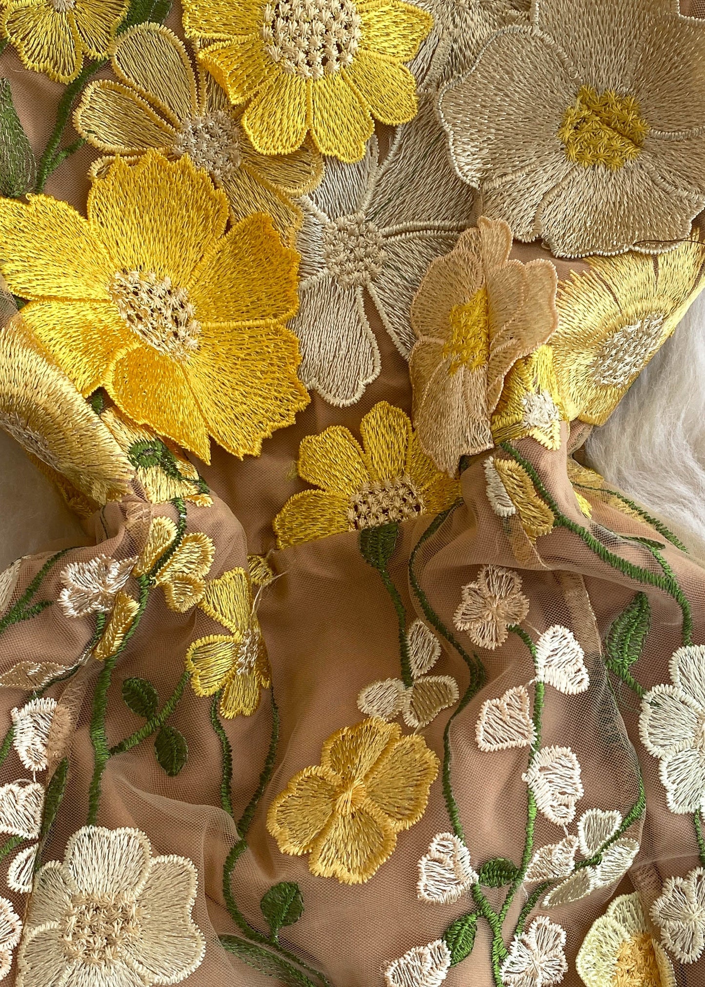 Fitted Yellow Embroidered Tulle Long Dresses Short Sleeve