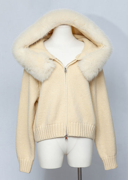 Fitted Yellow Fox Collar Zippered Patchwork Knit Coats Spring