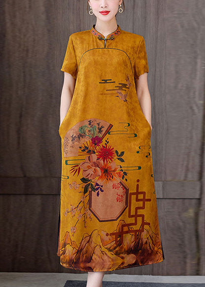 Fitted Yellow Letters Mandarin Collar Print Pockets Silk Long Dresses Short Sleeve