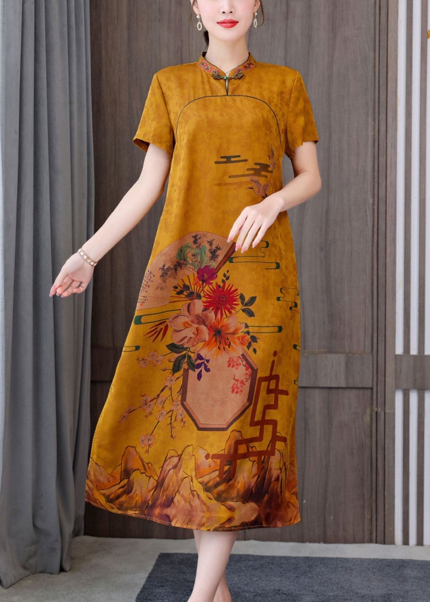 Fitted Black Phoenix Mandarin Collar Print Pockets Silk Long Dresses Short Sleeve