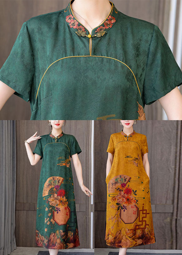 Fitted Black Phoenix Mandarin Collar Print Pockets Silk Long Dresses Short Sleeve