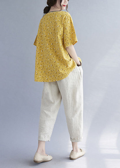Fitted Yellow Pockets Print Asymmetrical Design Fall Shirt Tops Half Sleeve