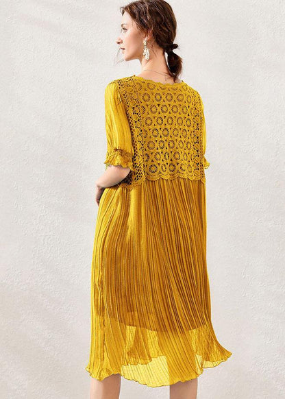 Fitted Yellow V Neck Hollow Out Spring Maxi Dress Short Sleeve