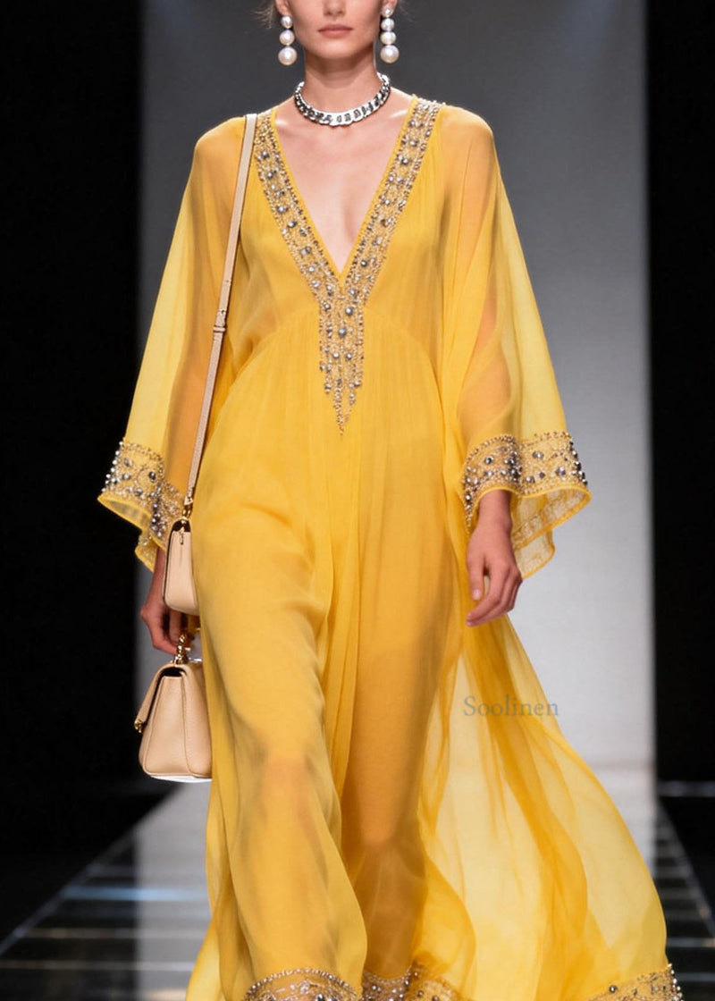 Fitted Yellow V Neck Zircon Chiffon Long Dress Spring