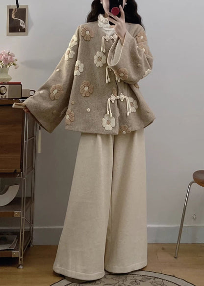 Apricot Chinese Button Coat and Wide Leg Pants Woolen Two Pieces Set Spring