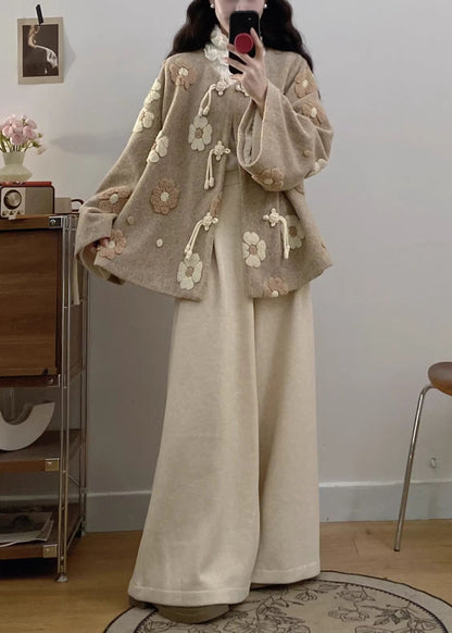 Apricot Chinese Button Coat and Wide Leg Pants Woolen Two Pieces Set Spring