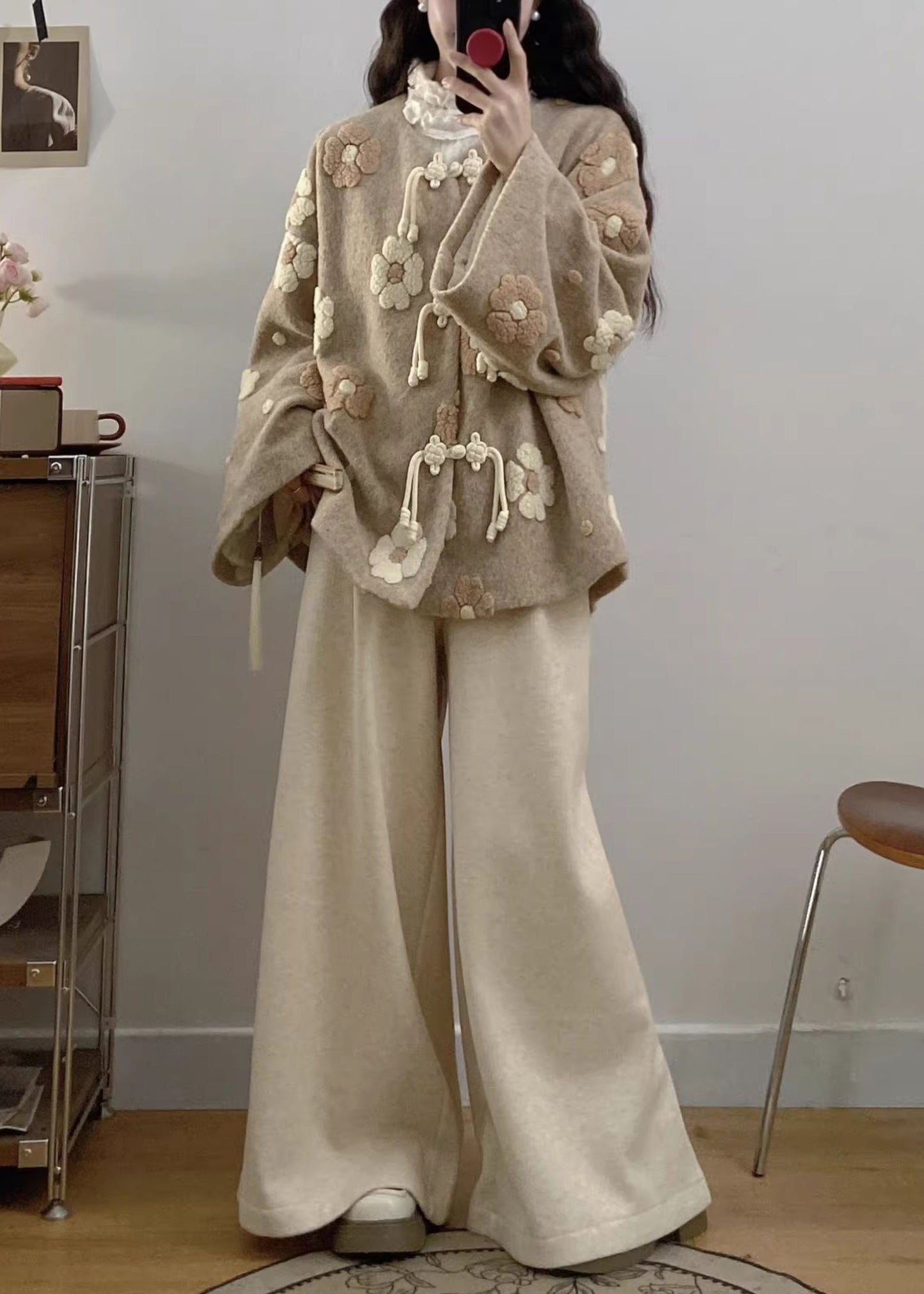 Apricot Chinese Button Coat and Wide Leg Pants Woolen Two Pieces Set Spring