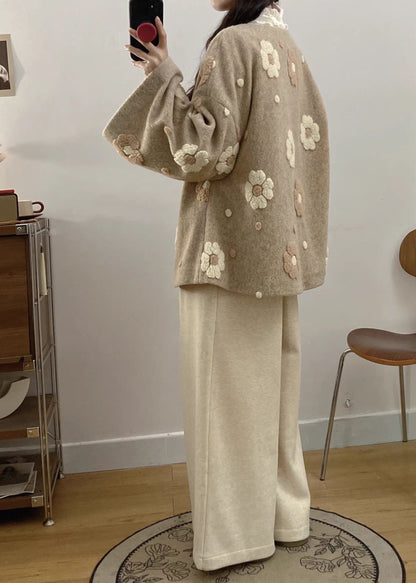 Apricot Chinese Button Coat and Wide Leg Pants Woolen Two Pieces Set Spring