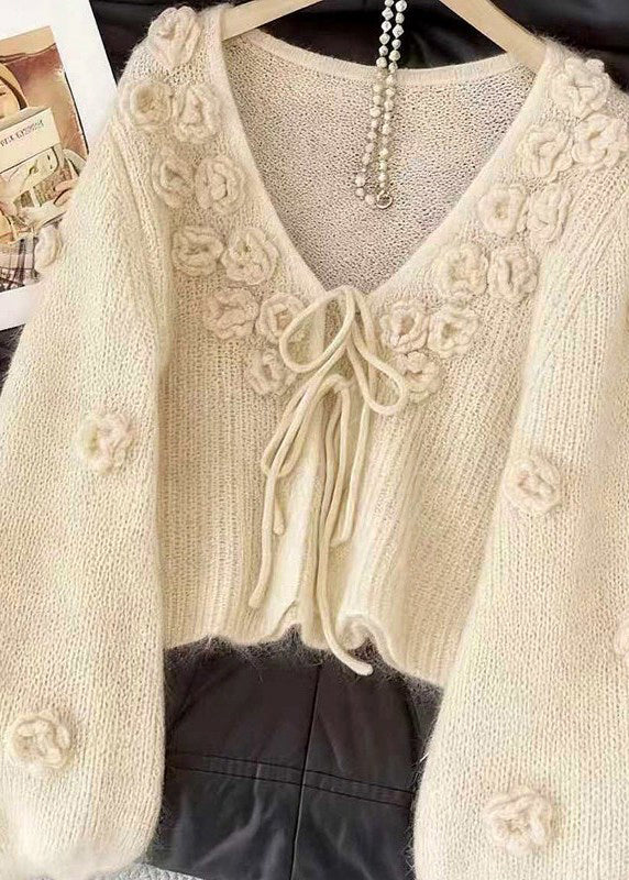 Beige V Neck Lace Up Cozy Knit Cardigan