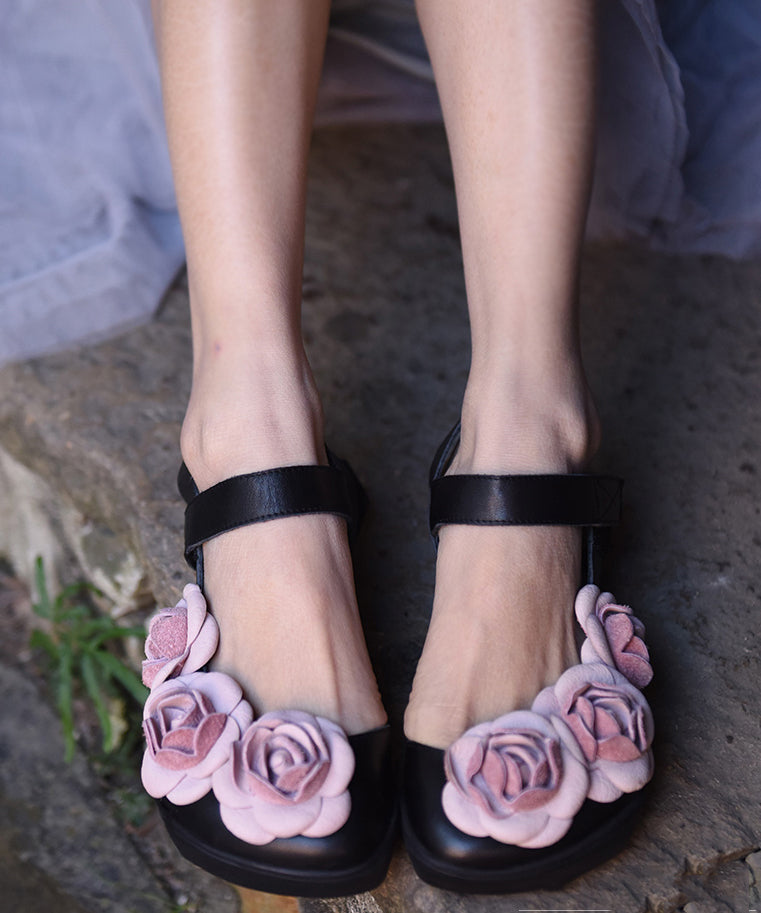 Black Buckle Strap Splicing Leather Upper Baotou Walking Sandals
