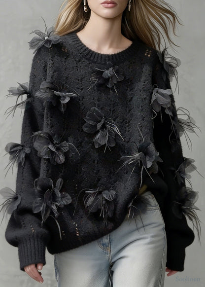 Black O-neck Hollow Out Knit Sweaters
