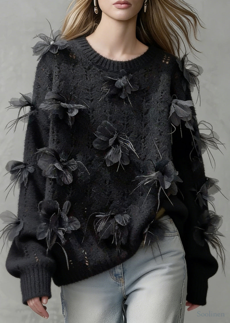 Black O-neck Hollow Out Knit Sweaters