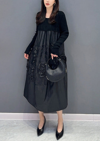 Black Ruffled Knit Patchwork Faux Leather Dress Fall