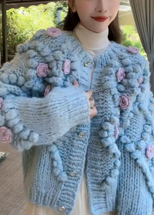 Blue O Neck Button Cozy Knit Coat Spring