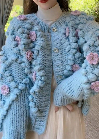 Blue O Neck Button Cozy Knit Coat Spring