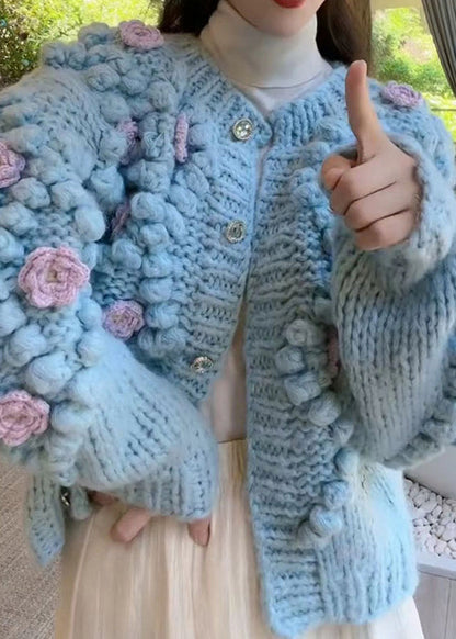 Blue O Neck Button Cozy Knit Coat Spring