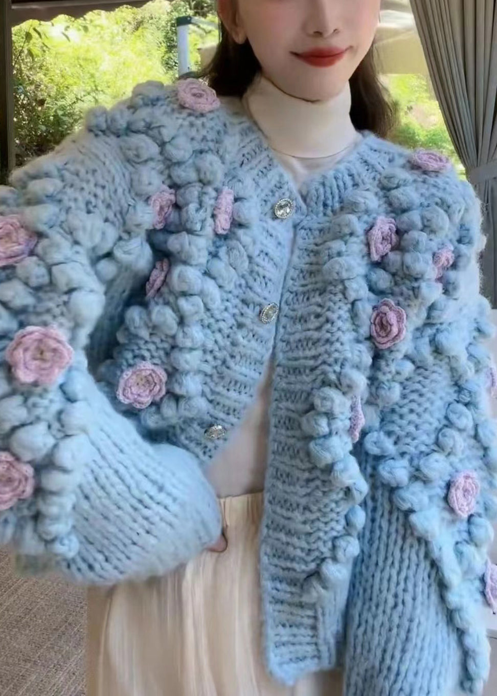 Blue O Neck Button Cozy Knit Coat Spring