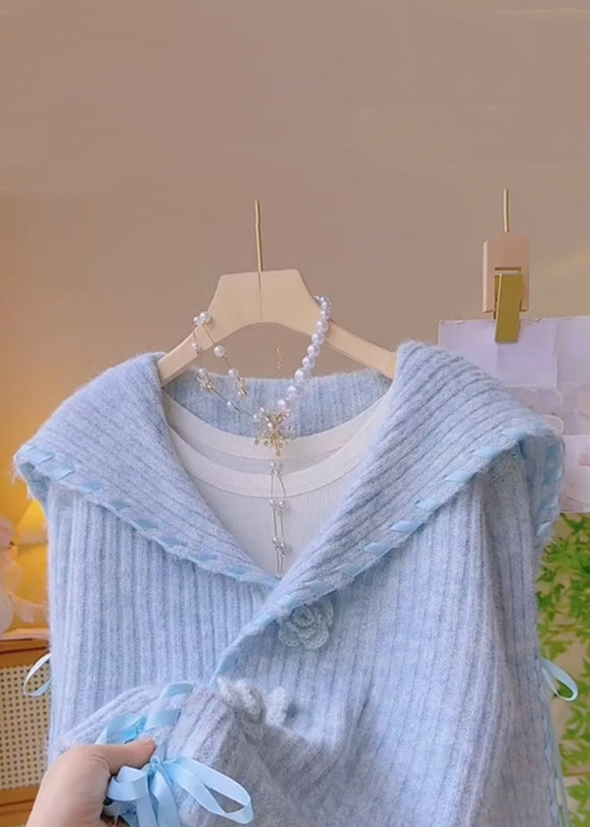 Blue Peter Pan Collar Lace Up Knit Coats Spring