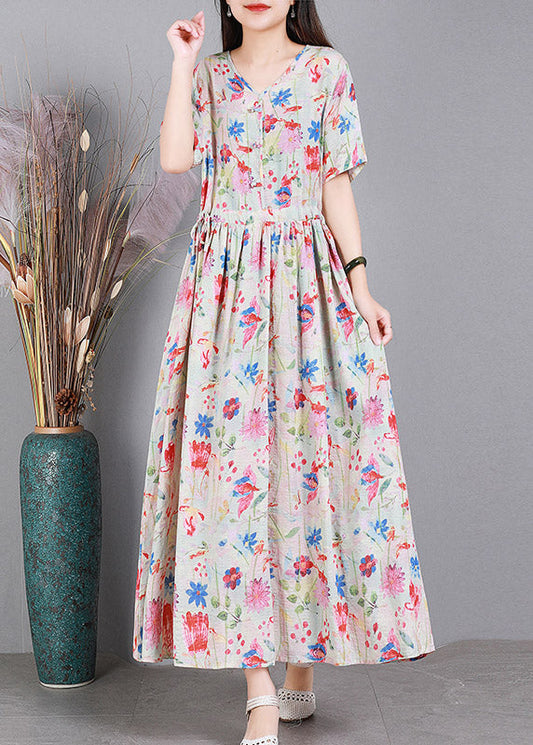 Colour V Neck Print Wrinkled Linen Dress Short Sleeve