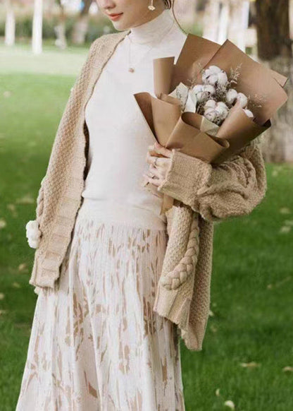 Khaki V Neck Cable Knit Cardigan Fall