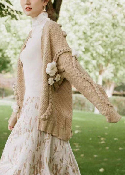 Khaki V Neck Cable Knit Cardigan Fall