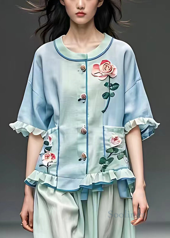 Light Blue O Neck Pockets Cotton Shirt Half Sleeve