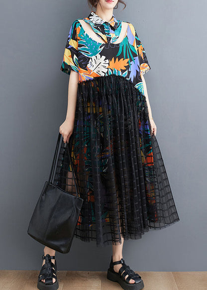 Patchwork Long Tulle Shirts Dress Wrinkled Short Sleeve
