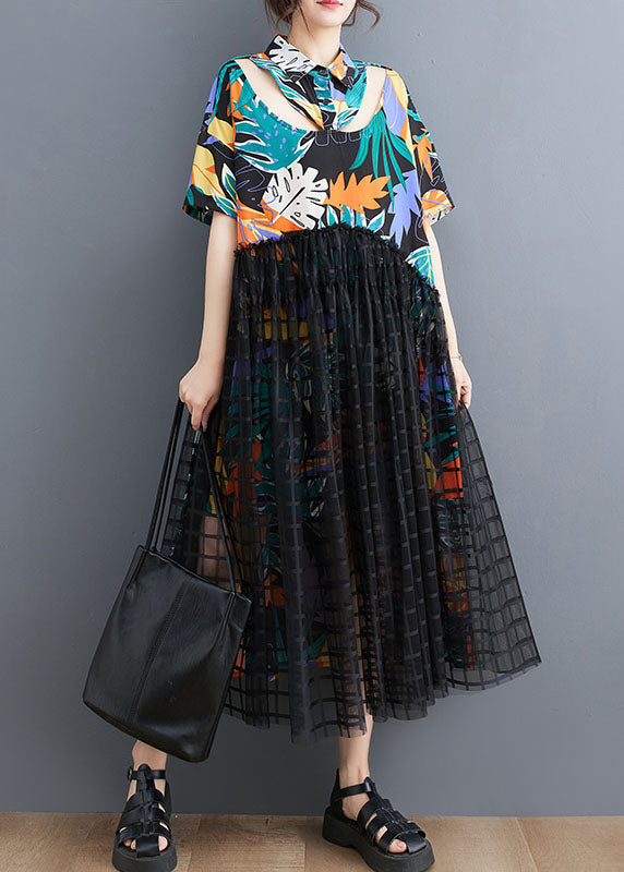 Patchwork Long Tulle Shirts Dress Wrinkled Short Sleeve
