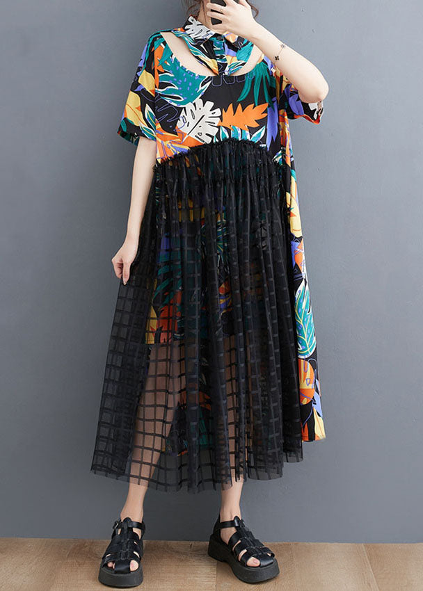 Patchwork Long Tulle Shirts Dress Wrinkled Short Sleeve
