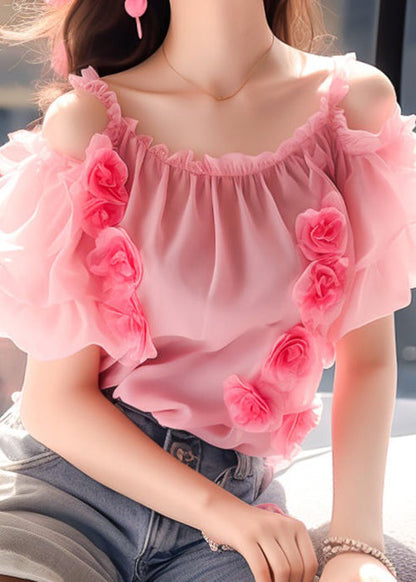 Pink Ruffled Wrinkled Chiffon Top Short Sleeve