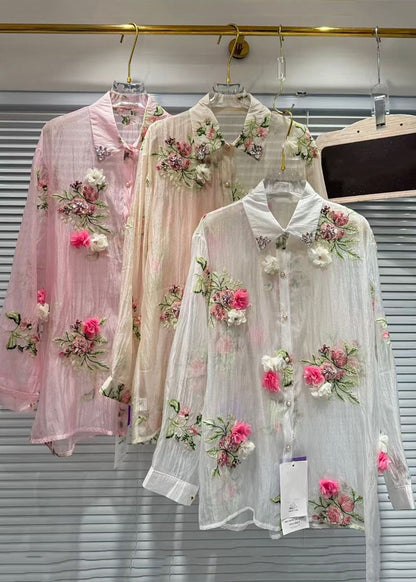 Floral Pink Zircon Patchwork Cotton Shirts Summer