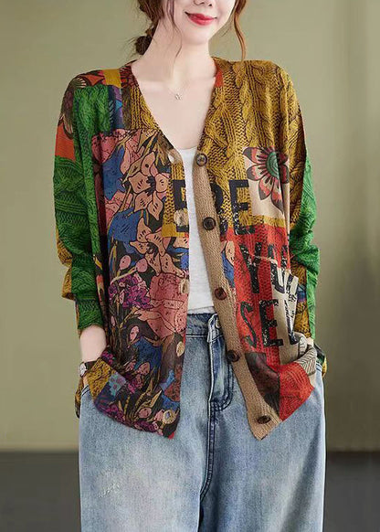 Print Patchwork Cotton Knit Coat V Neck Long Sleeve