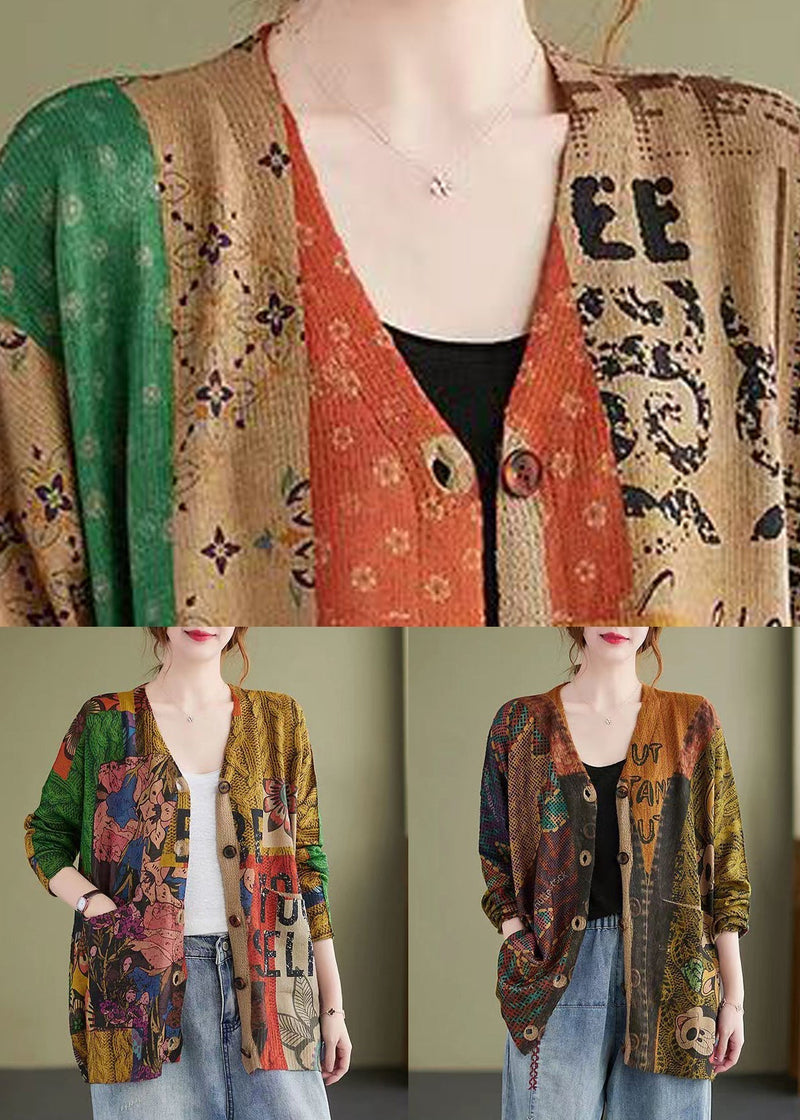 Print Patchwork Cotton Knit Coat V Neck Long Sleeve