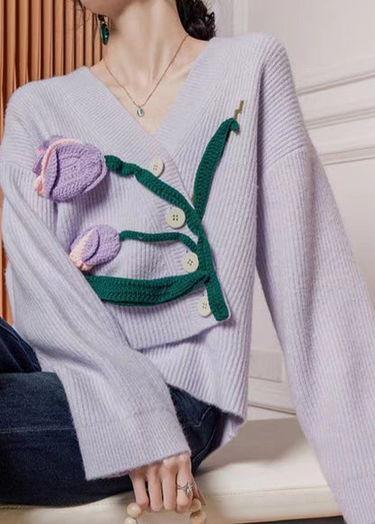 Purple Asymmetrical Button Knit Cardigan Spring