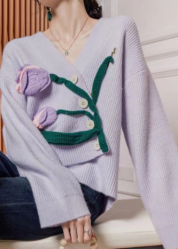 Purple Asymmetrical Button Knit Cardigan Spring