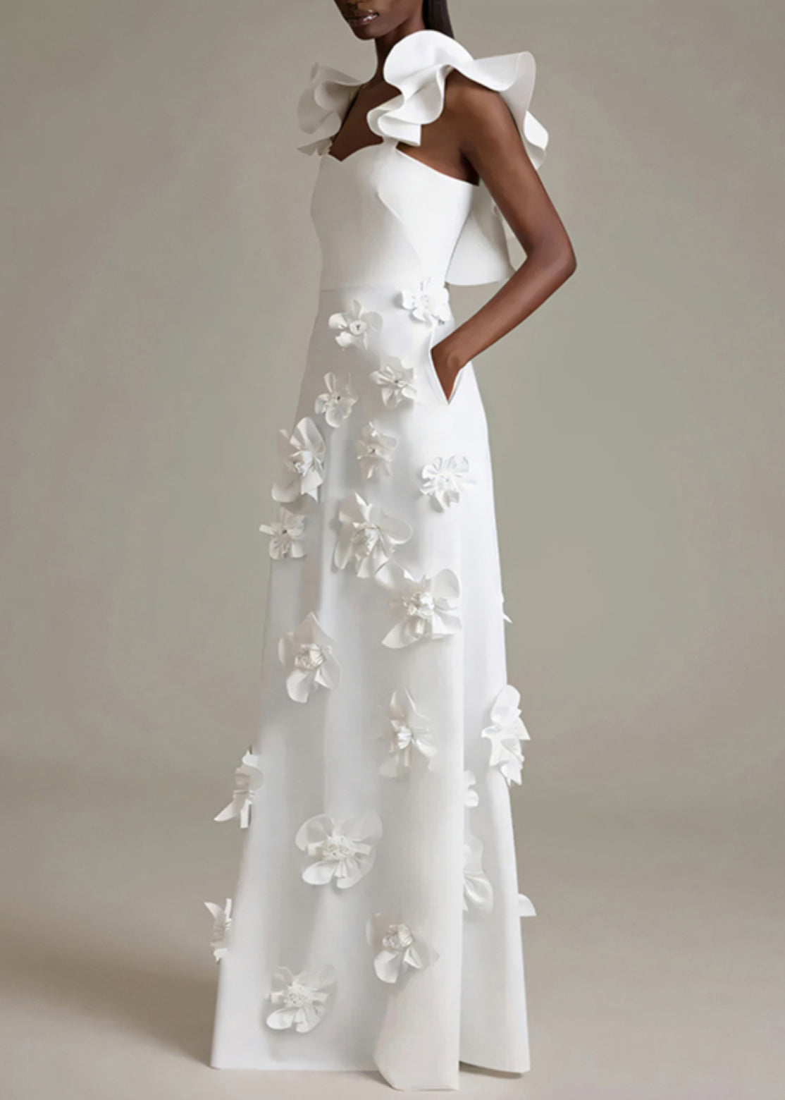 White Ruffled Pockets Cotton Party Dress Sleeveless