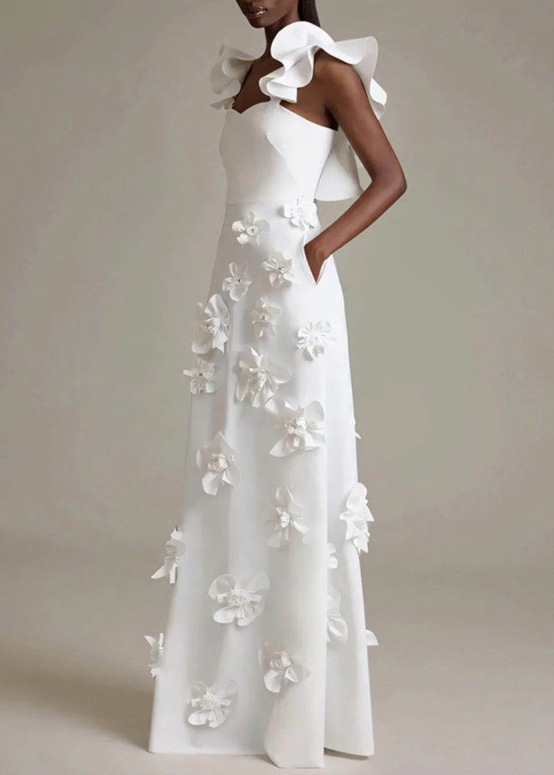 White Ruffled Pockets Cotton Party Dress Sleeveless
