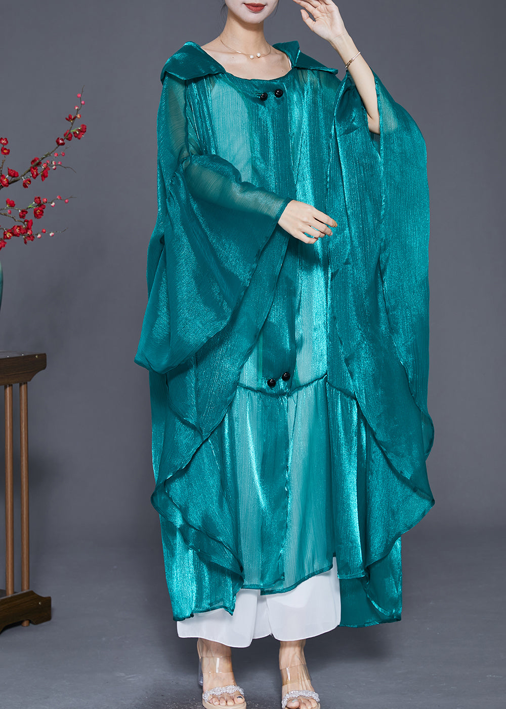 Fluorescent Green Loose Silk Upf 50+ Cardigans Hooded Batwing Sleeve