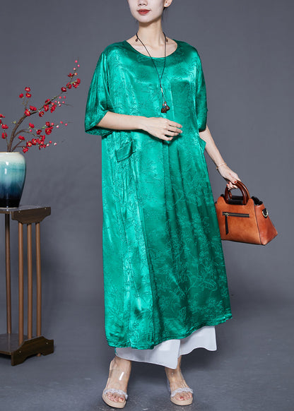 Fluorescent Green Silk Maxi Dresses O-neck Pockets Summer