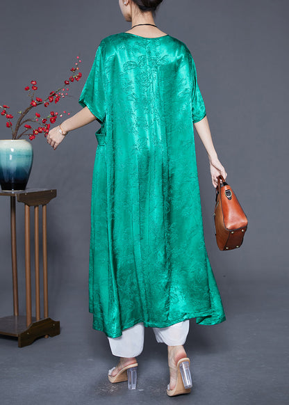 Fluorescent Green Silk Maxi Dresses O-neck Pockets Summer