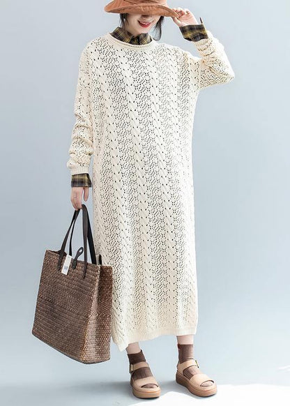 For Spring Beige Sweater Weather Street Style O Neck Hollow Out Mujer Knit Dresses