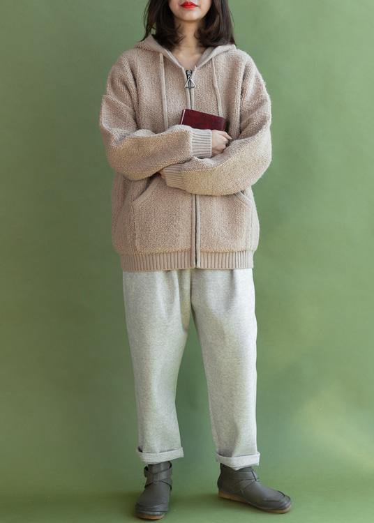 For Spring Beige Knit Coats Winter Hooded Knitted Coat
